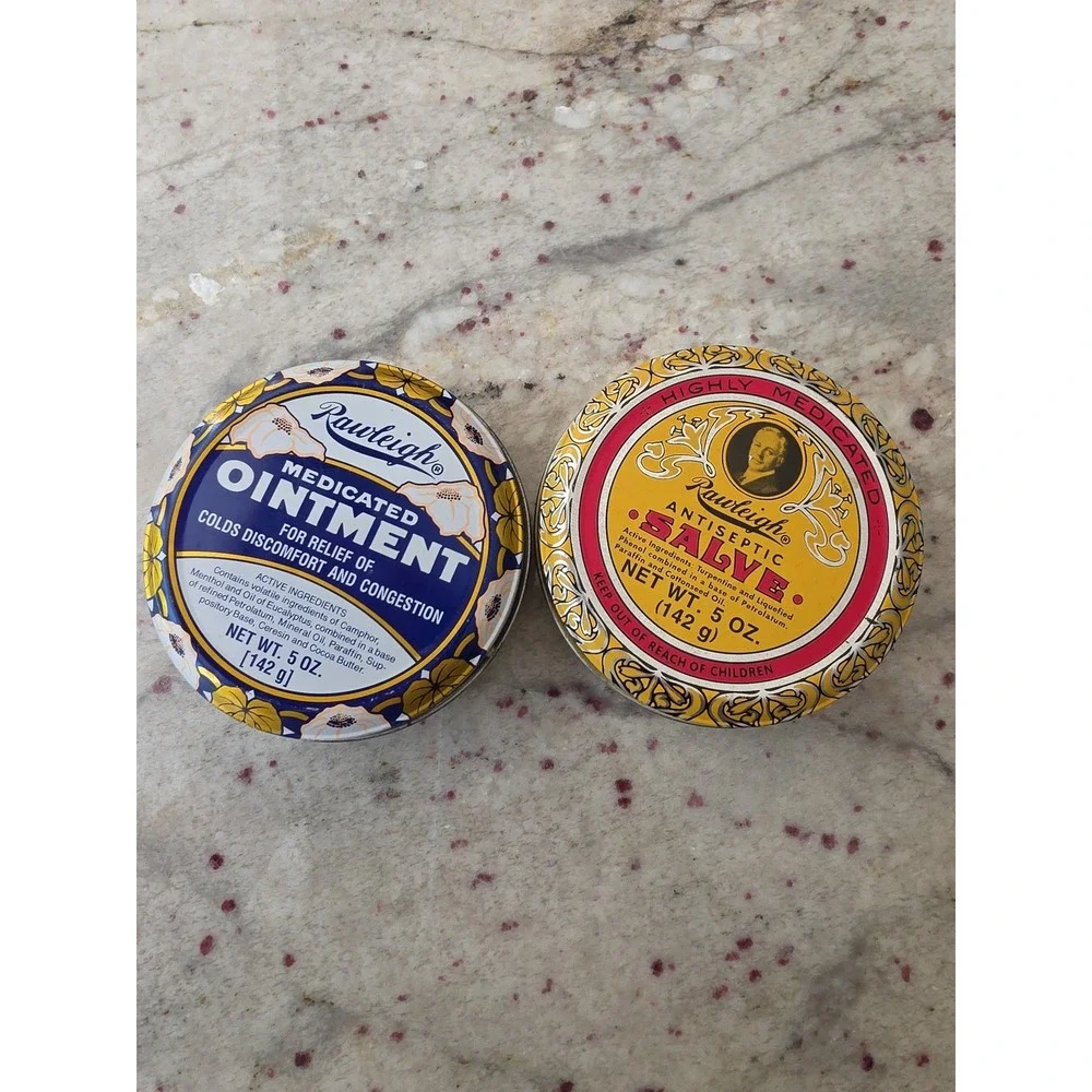 Raleigh salve tins. 5oz 1-medicated ointment 1 antiseptic salve‎